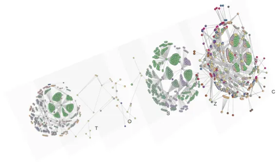 Figure 2.7. Multilayer network representing the details of the work of the operators (built in components: C, zones of the activities: Z, skills: S, assignment of the operators to the workstations: O and activity types: T