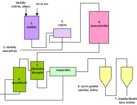 2.1.8. ábra: Az ipari pektin gyártás sematikus rajza   (Obipektin 2008, Herbstreith&amp;Fox 2008) 