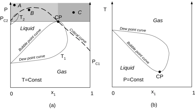 Fig. 1.16. P-x and T-x binary phase diagrams. 