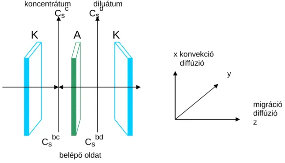 1.2.4. ábra: A tömegáram elvi ábrája egy elektrodialízis cellában 