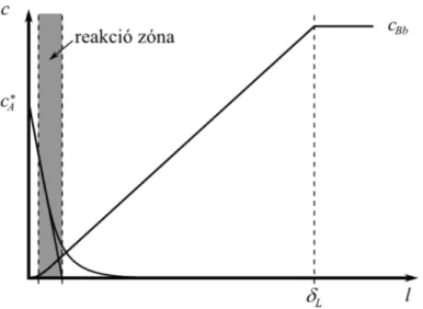 23. ábra: Gyors másodrendő reakcióval kísért abszorpció koncentrációprofilja a kétfilm-elmélet szerint [101] 