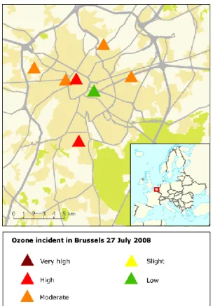 4. ábra A talajközeli ózon előfordulása és koncentrációja Brüsszelben 2008. 07. 27-én Forrás: www.eea.europa.eu 