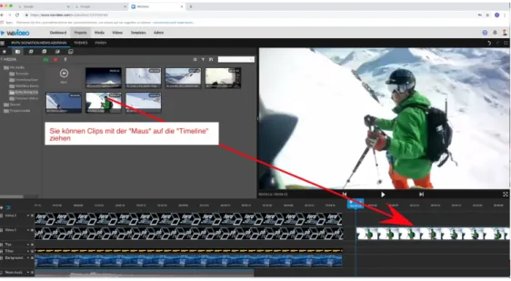 Abbildung 3 zeigt, wie Clips zur Bearbeitung auf die sogenannte Timeline gezogen  werden.