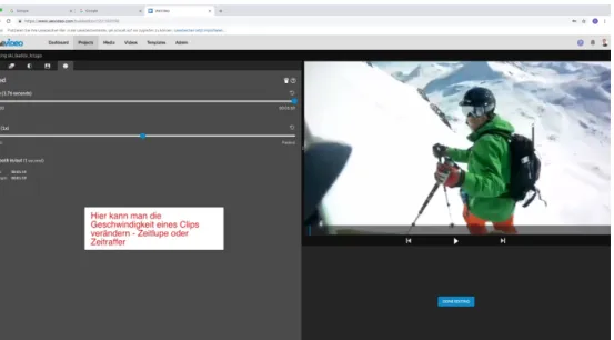 Abbildung 11 zeigt die Möglichkeit mit „wevideo“ die Geschwindigkeit eines Clips zu  verändern (Zeitlupe bzw