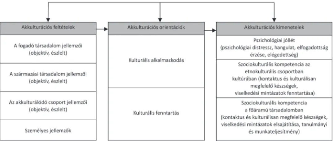 3. ábra.  Az akkulturációs változók modellje (Arends-Tóth és van de Vijver, 2006: 36) Bourhis és munkatársai (Bourhis és mtsai, 1997; Montreuil és Bourhis, 2001) az Interaktív  Akkulturációs Modellt dolgozták ki, amelyben vizsgálják a kontaktusban levő cso