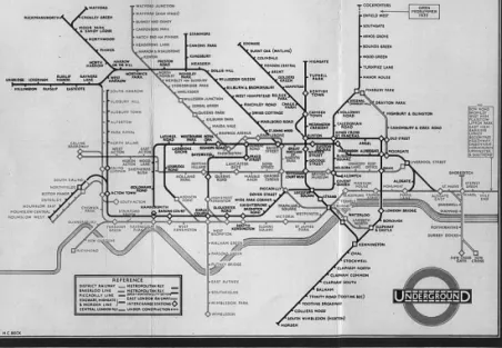 1–3. ábra. A londoni földalatti vasút tervei 1908-ból, 1927-ből, 1933-ból, a topográfia módosulásá­