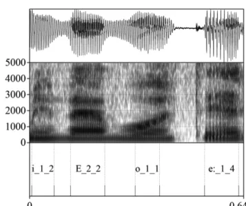 A magánhangzókat a SAMPA jelrendszerrel (W ells  1997) kódoltuk (8. ábra). Jelöltük,  hogy az adott szó, amelyben a hang szerepel, hány szótagos, és ebből az adott magánhangzó  hányadikként szerepelt