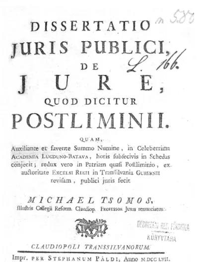 2. kép. Csomós Mihály leideni disputációjának Kolozsváron  nyomatott füzete 1757-ből (Tiszántúli Református Egyházkerületi 