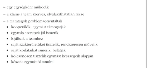 1. táblázat. A jól működő rehabilitációs team fontos jegyei (E LDAR  et al. 2008 alapján)