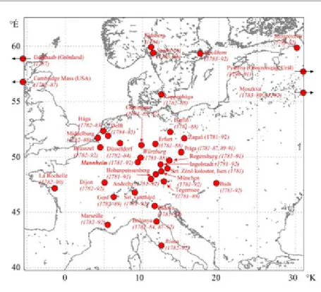 1.2. ábra: A Societas Meteorologica Palatina (Mannheimi Meteorológiai Társaság) állomáshálózata