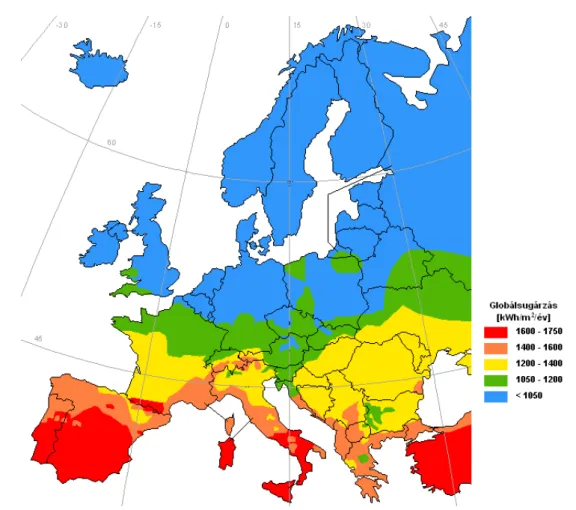 2.6. ábra: Az évi globálsugárzás értékének eloszlása Európában (Adatok: Meteonorm 4.0)
