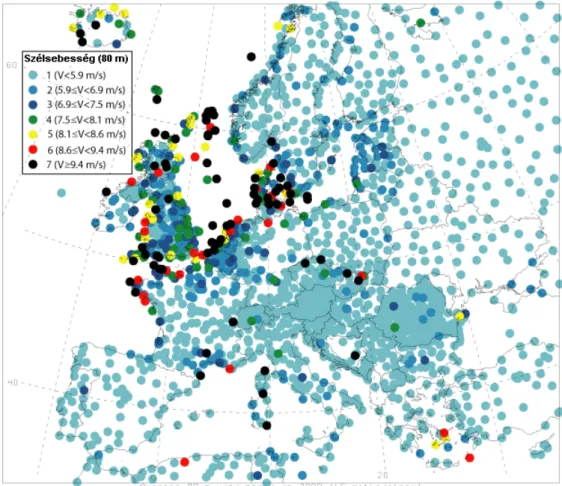 2.9. ábra: A 80 m-es magassági szintre becsült szélsebesség földrajzi eloszlása Európában (Archer és Jacobson, 2005).
