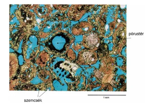 3.1. ábra. Szemcseközi pór ustér vékonycsiszolaton (kék) (Kansas University http://www.kgs.ku.edu/Publications/Oil/primer03.html)