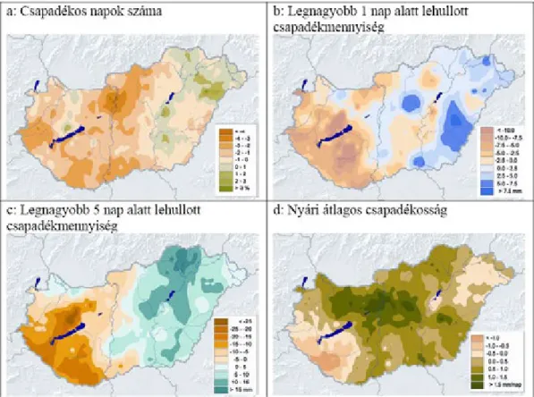 3.23. ábra. Csapadékindexek változása az 1960–2009 időszakban a rácsponti trendbecslés alapján (Adatok forrása: