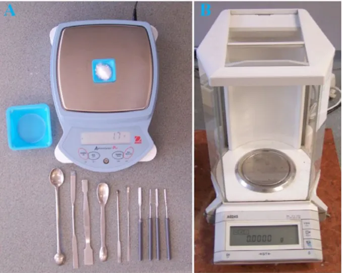 Figure  1.11.  A,  Top  loading  balance  with  disposable  weighing  dishes,  laboratory  spatulas  and  spoons