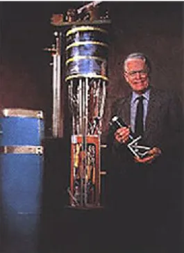 Figure 2.3: Paul Richards stands with elements of the Woody-Richards cosmic microwave background instrument package (http://www.lbl.gov/Science-Articles/Research-Review/Magazine/1997-fall/notes/index.html)