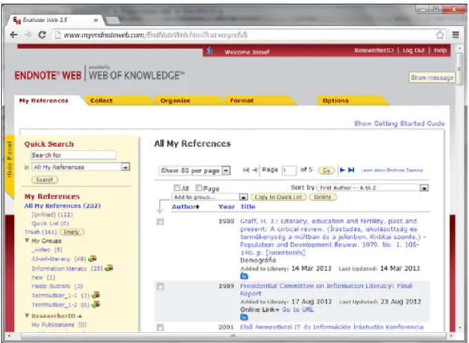 4.5.2. ábra: Az EndNote Web hivatkozásgyűjtemény (My References) oldala Információgyűjtés (Collect)