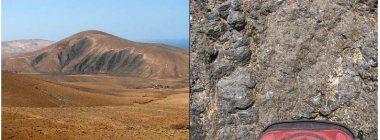 Figure II.13. – Pyroxenite intrusion in Fuerteventura (left, Canary Islands) and macroscopic photo of the rock.
