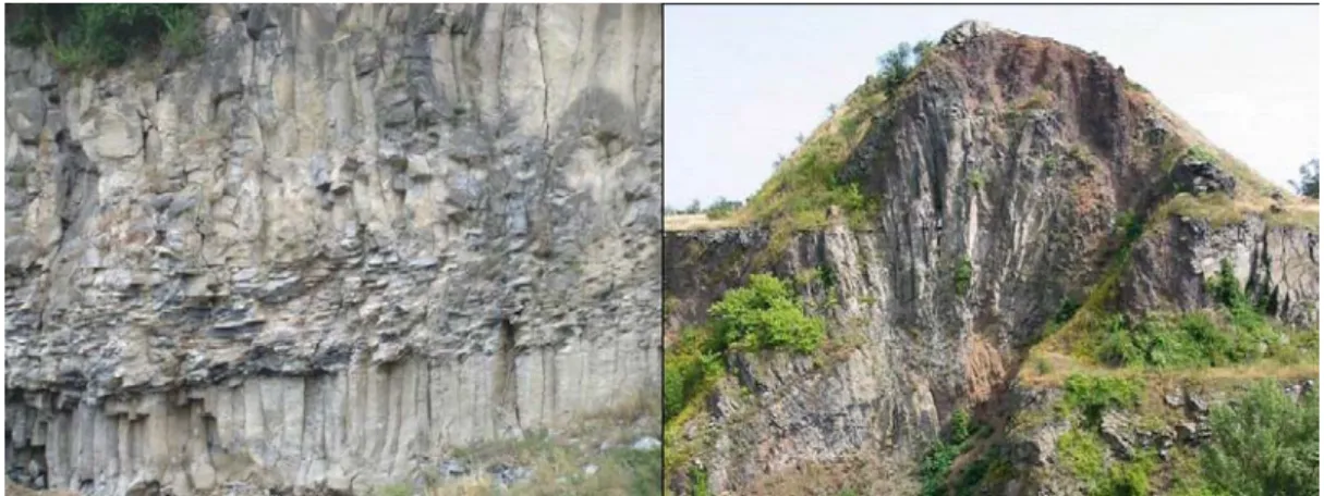 Figure II.35. – Slowly cooled basalt lava with three-tired columnar structure (left, Racos, Persány Mts.) and fan- fan-shaped columnar structured vent-filled basalt (right, Ság hill)