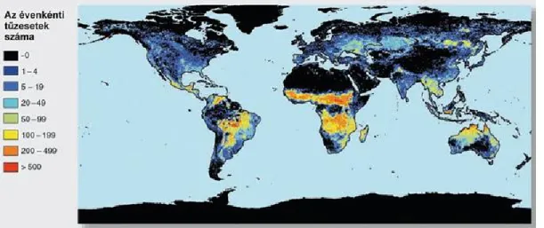 4.3. ábra. Az éves átlagos tűzesetszámok globális térképe műholdas adatok alapján (Bowman et al., 2009 nyomán)Mezőgazdaság, erdészet, erdőtüzek