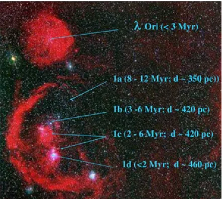 2.11. ábra: Halmazok az az Orion OB1 asszociációban a becsült korokkal és a Naptól mért távolsággal (Bally 2008).