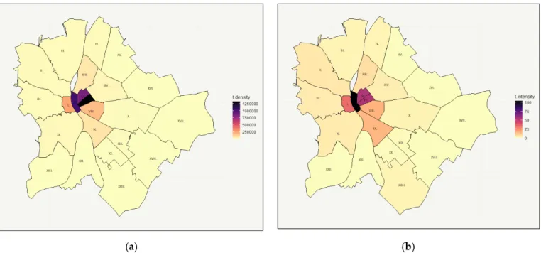 Figure 4. Tourism density and intensity by district: (a) tourism density by district; and (b) tourism  intensity by district