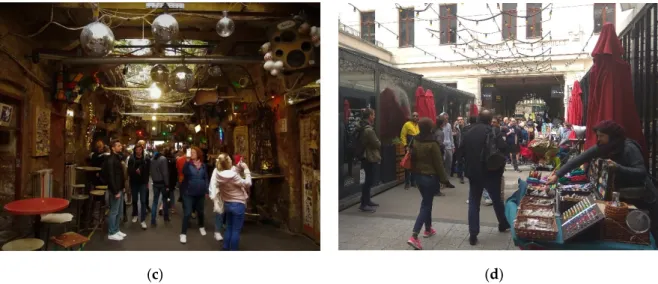 Figure 3. Impacts of overtourism in District VII, Budapest. (a) Overloaded garbage container; (b)  dirty street; (c) overcrowding in Szimpla Garden (a ruin pub); and (d) overcrowding in Gozsdu  Court