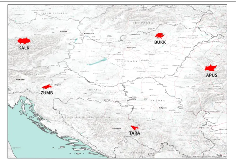 FIGURE 1 | Central-Eastern Europe, our study sites are highlighted with red.