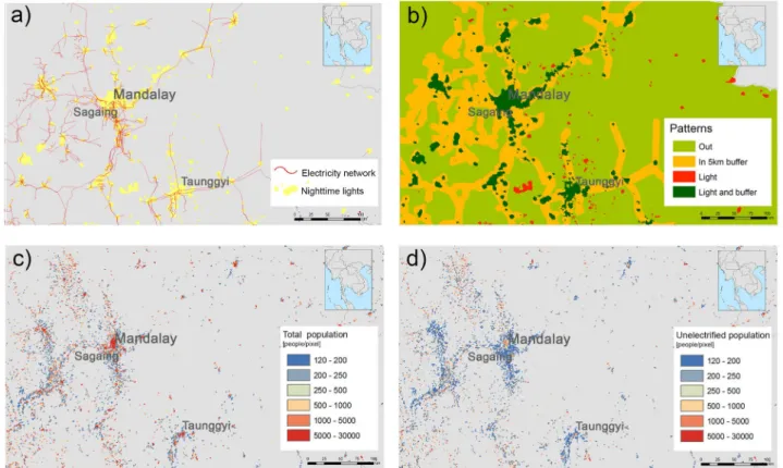 Figure 1.  Data processing and spatial disaggregation of unelectrified populations: close-up on the Mandalay  Region, Myanmar