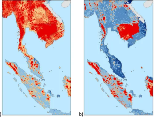Figure 3.  Competitiveness of PV-based (red) and diesel based (blue) minigrids in the Indochinese peninsula  under (a) favourable and (b) adverse scenarios for PV