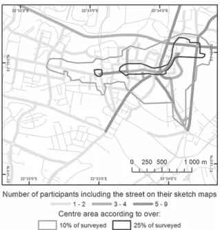 Fig. 2. Streets of the central part of Lublin with information on number of their  occurrences on high school students’ sketches.