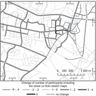 Fig. 4. The difference of streets occurrences between the second and  the first year students’ sketches.