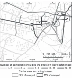 Fig. 1. Streets of the central part of Lublin with information on number of their  occurrences on sketches (all maps use OpenStreetMap streets geometry data).