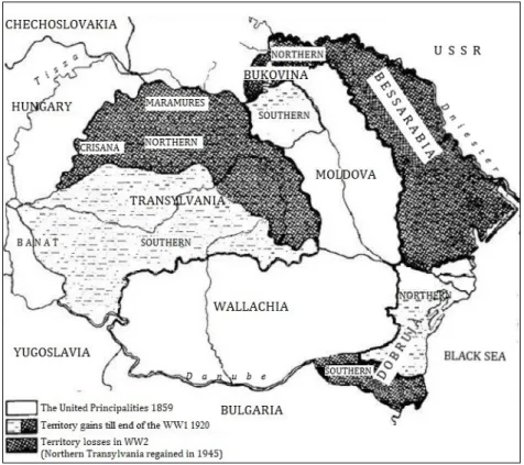 Figure 1. Territorial changes of Romania between 1859 and 1945. 