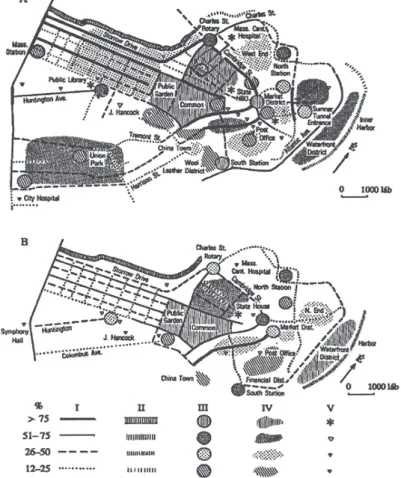 Figure 2: The “mental maps” of Boston, based on in-depth interviews (A)  and drawn from memory (B) (Lynch, K., 1960)