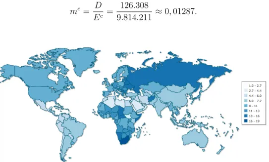 3.1. ábra. Központi halandósági ráta ezerszerese a világ országaiban 2014-ben (forrás: www.indexmundi.com )