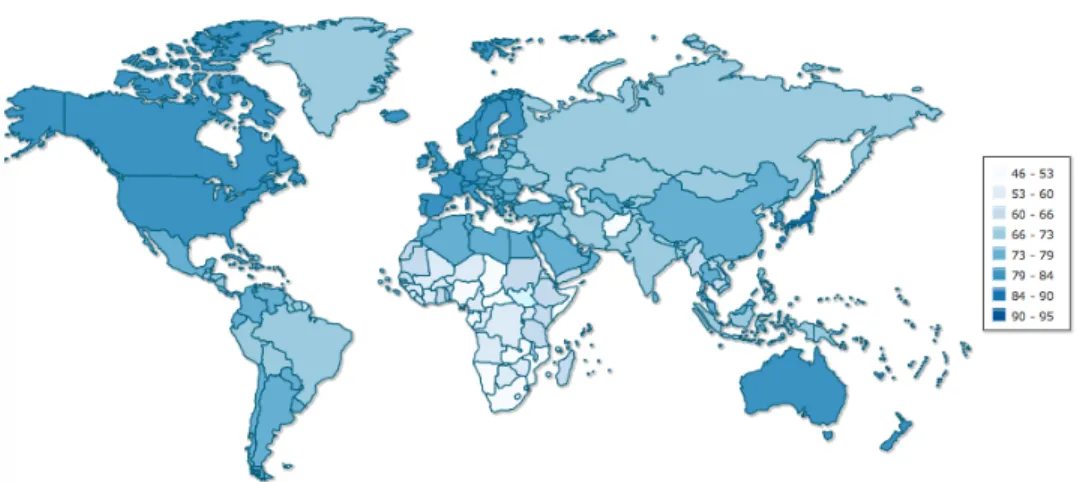 3.3. ábra. Születéskor várható élettartam években a világ országaiban 2014-ben (forrás: www.indexmundi.com )