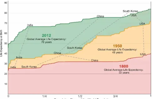 Fig. 4.3. Changes in life expectancy of the world’s population over the past two  centuries (simplified, based on a figure from OurWorldinData)