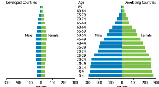Fig. 4.9. Population pyramid of developed and less developed countries in 2010. 