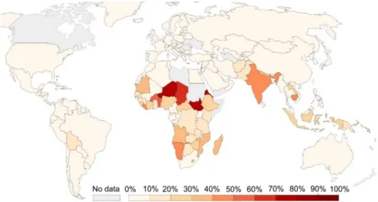 Fig. 4.12. The proportion of people practising open defecation in the countries  of the world 2015 (%) (Source: based on a figure from OurWorldinData) 