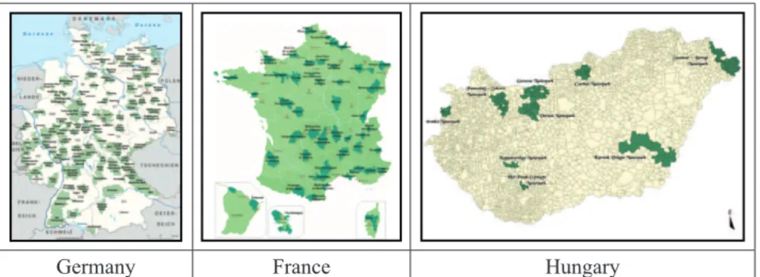 Figure 1: Nature parks in Germany, regional natural parks in France and nature parks in  Hungary