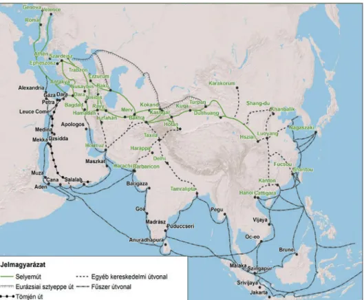 1. ábra: A történelmi Selyemút és a hozzá kapcsolódó fontosabb kereskedelmi  útvonalak