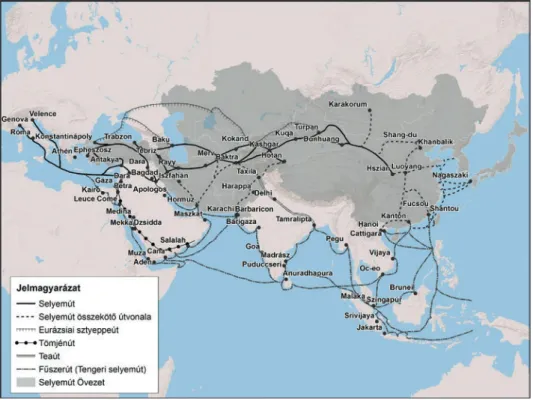 19. ábra: Történelmi kereskedelmi útvonalak Ázsiában Forrás: UNESCO honlapja 10  alapján Varga Ágnes szerkesztése