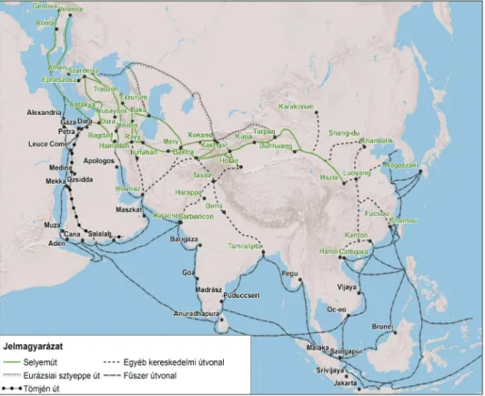 1. ábra: A történelmi Selyemút és a hozzá kapcsolódó fontosabb kereskedelmi  útvonalak