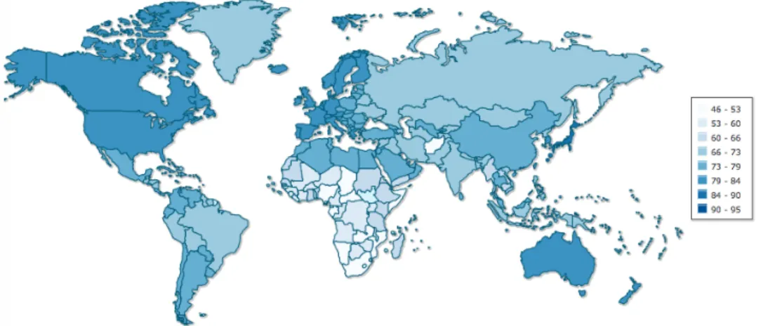 3.3. ábra. Születéskor várható élettartam években a világ országaiban 2014-ben (forrás: www.indexmundi.com)