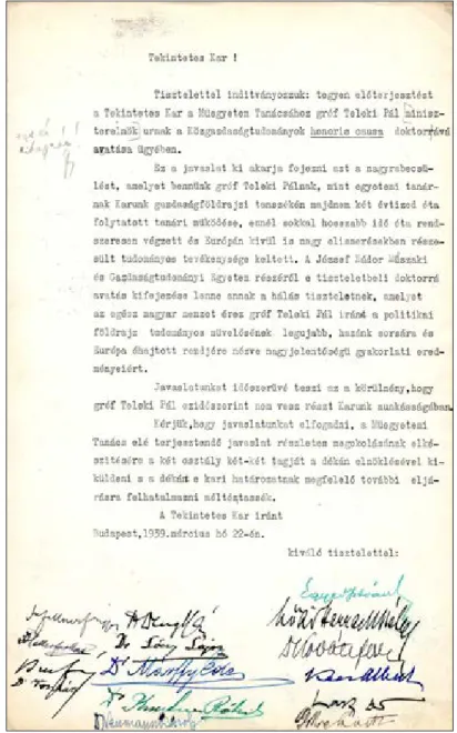 5. ábra: Indítvány Teleki Pál díszdoktor avatására a Kar tanárainak aláírásával Forrás: BCEL 6/b 2213/1938-39.