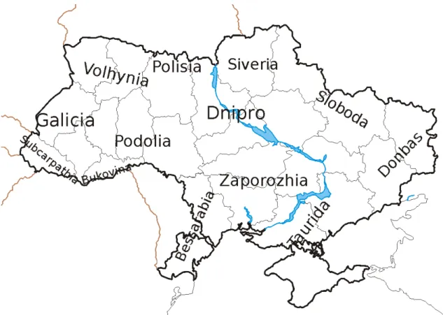 Figure 2: Ukraine’s historical regions. Source: Wikimedia Commons. 