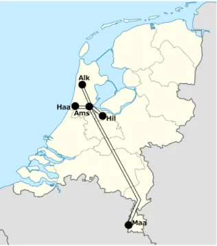 Figure 1: Map of the Haarlem-Maastricht and Alkmaar-Hilversum lines, intersecting in Amsterdam