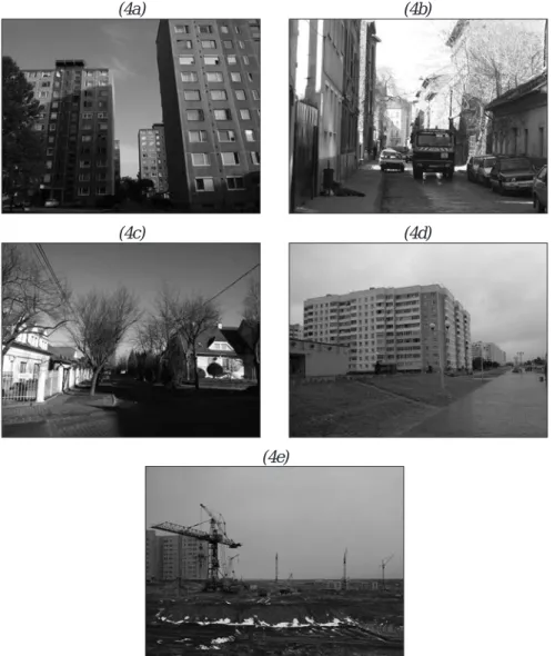 Figure 4: Suburbs of Budapest and Minsk: Housing estate in Budapest (4a),  slum district in Budapest (4b), greenbelt in Budapest (4c), Housing estate near  Kamennaya Horka metro station in Minsk (4d) and Building of new block-of-flats 