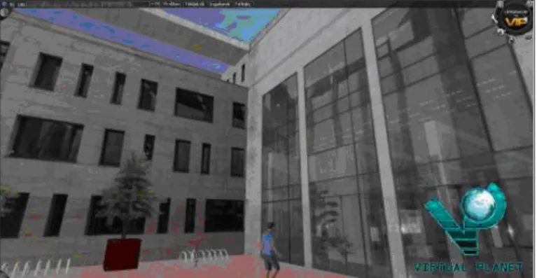 46. ábra: A valóságnak megfelelő épületek háromdimenziós, bejárható  környezete: a virtuális térben az ügyfél belép a valósággal megegyező budaörsi 